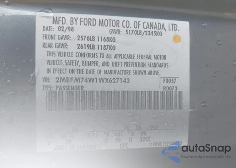 1998 Mercury Grand Marquis z USA, uszkodzony, nr VIN 2MEFM74W1WX627143